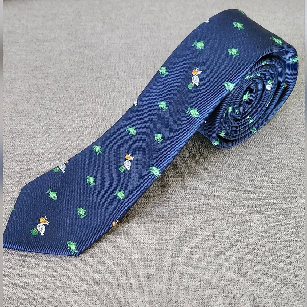 Wembley Navy Men's Tie - Green Fish and Pelicans Design
